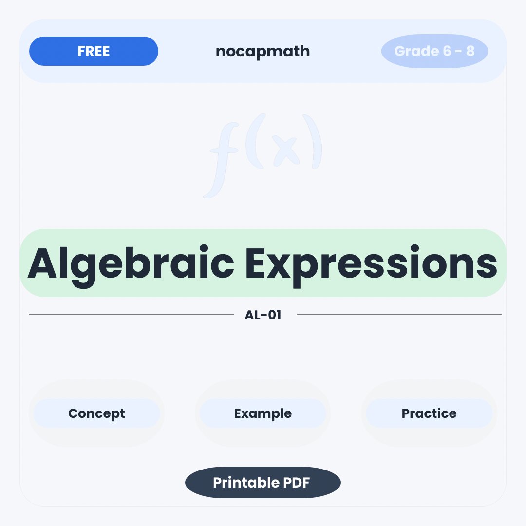 Algebraic Expressions worksheet thumbnail Grade 6-8 free printable PDF