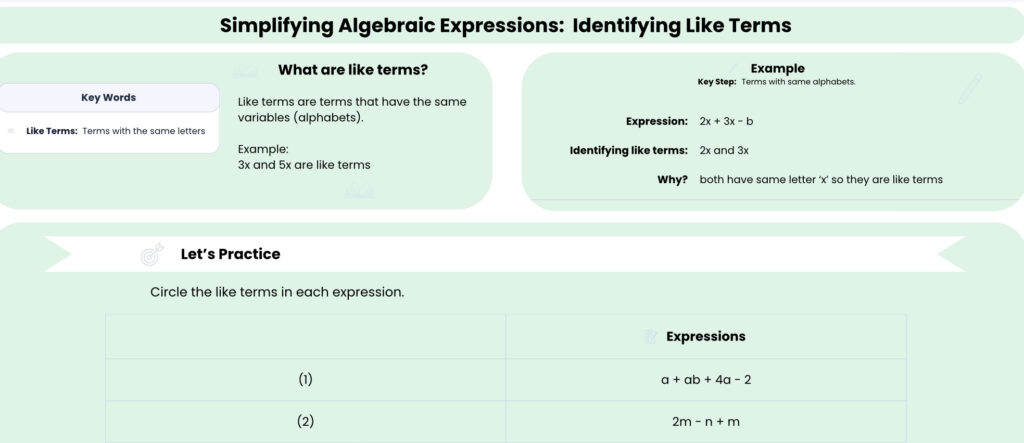 Identifying like terms worksheet preview showing concept and example