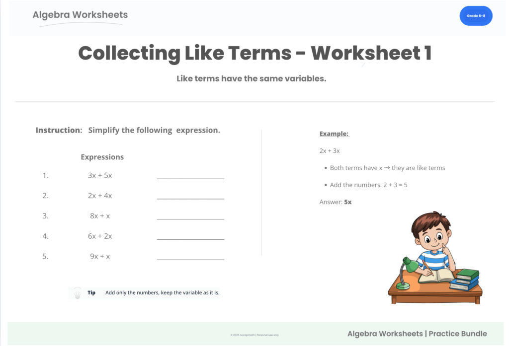 Collecting like terms worksheet preview showing concept and example