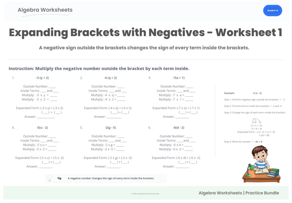 Expanding brackets with negatives worksheet preview showing concept and example
