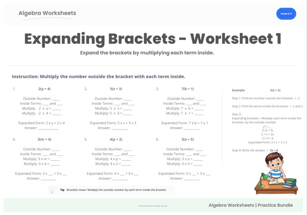 Expanding brackets worksheet preview showing concept and example