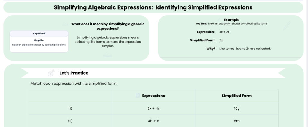 Identifying Simplified Expressions worksheet preview showing concept and example