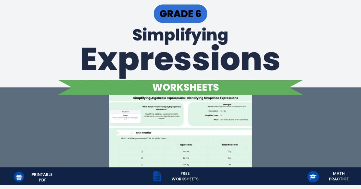 Simplifying Expressions Worksheets Grade 6 printable algebra worksheet thumbnail.