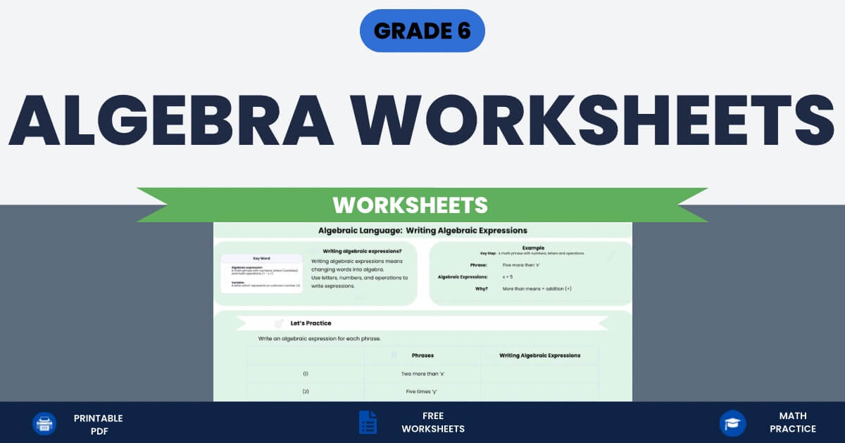 Algebra Worksheets Grade 6 printable algebra worksheet thumbnail.