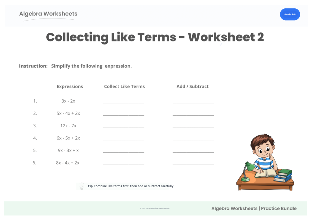 Collecting Like Terms Practice Pack worksheet 2 preview for Grade 6–8 algebra