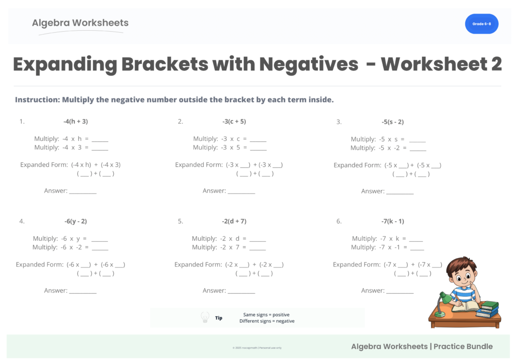 Expanding Brackets with Negatives Practice Pack worksheet 2 preview for Grade 6–8 algebra