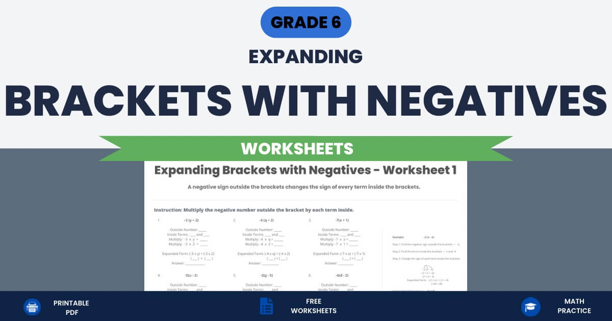 Expanding Brackets with Negatives Worksheets Grade 6 printable algebra worksheet thumbnail.