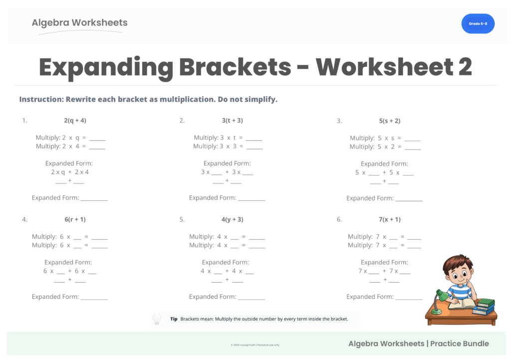 Expanding Brackets Practice Pack worksheet 2 preview for Grade 6–8 algebra