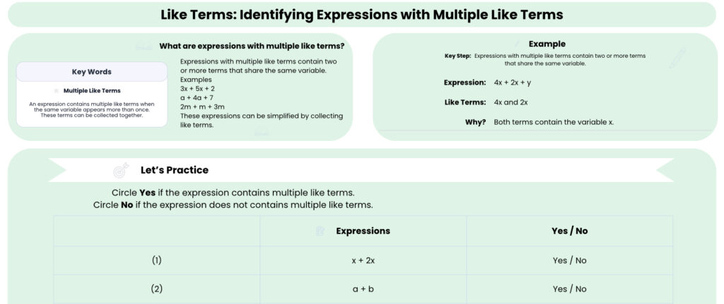 Identifying Expressions with Multiple Like Terms Worksheet preview showing concept and example