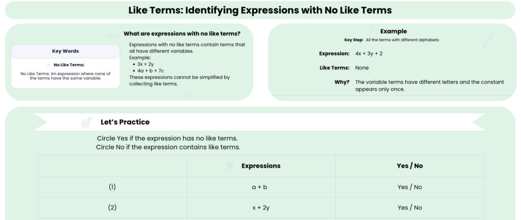 Identifying Expressions with No Like Terms Worksheet preview showing concept and example