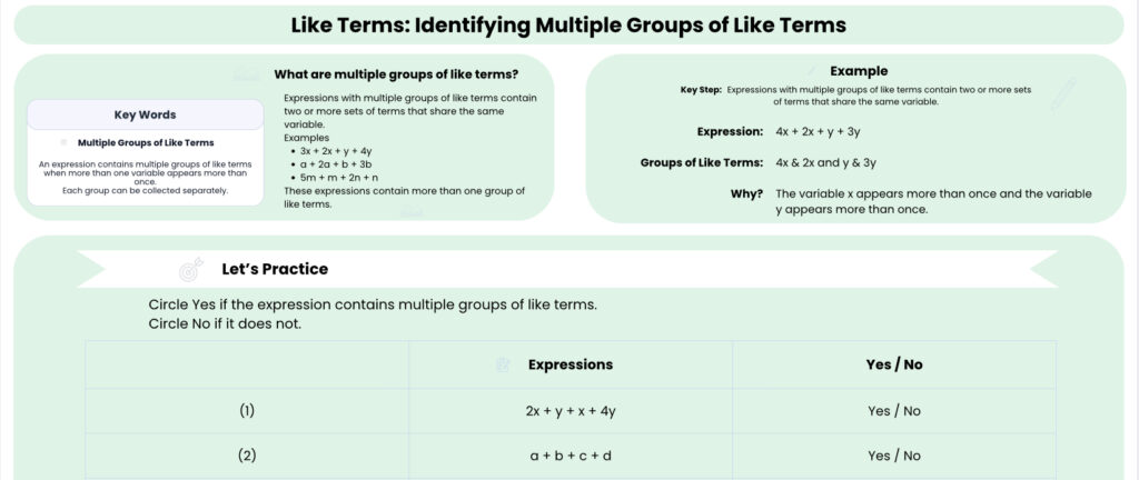 Identifying Multiple Groups of Like Terms Worksheet preview showing concept and example