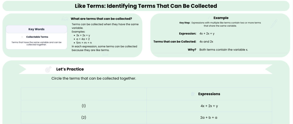 Identifying Terms that can be Collected Worksheet preview showing concept and example