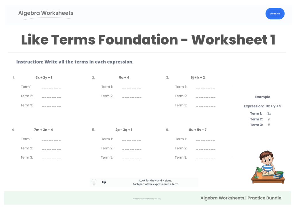 Like Terms Foundation Practice Pack worksheet 1 preview for Grade 6–8 algebra