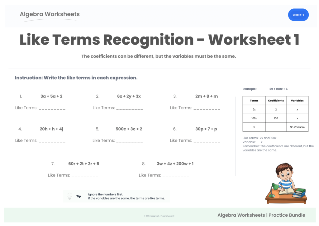 Like Terms Recognition worksheet preview showing concept and example