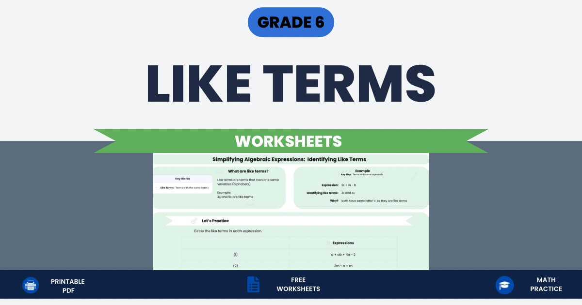 Like Terms Worksheets Grade 6 printable algebra worksheet thumbnail.