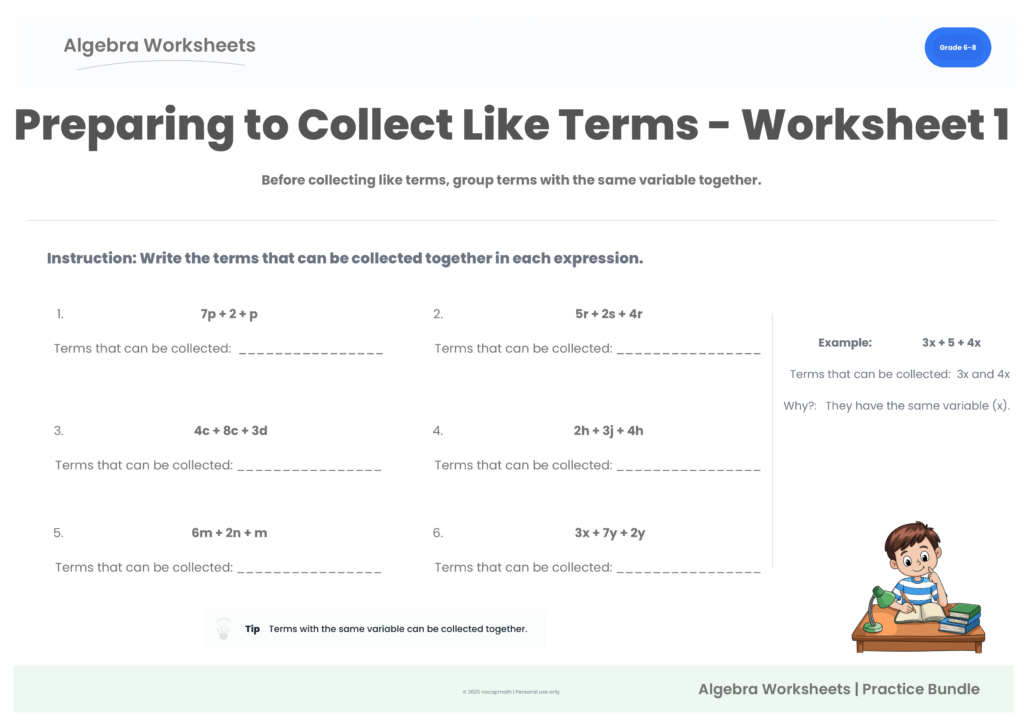 Preparing to Collect like terms worksheet preview showing concept and example