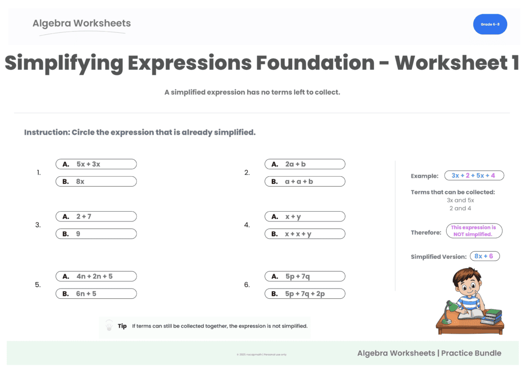 Simplifying Expressions Foundations Practice Pack worksheet 1 preview for Grade 6–8 algebra