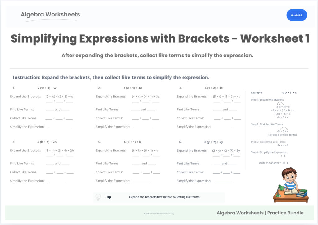 Simplifying Expressions with Brackets Practice Pack worksheet 1 preview for Grade 6–8 algebra