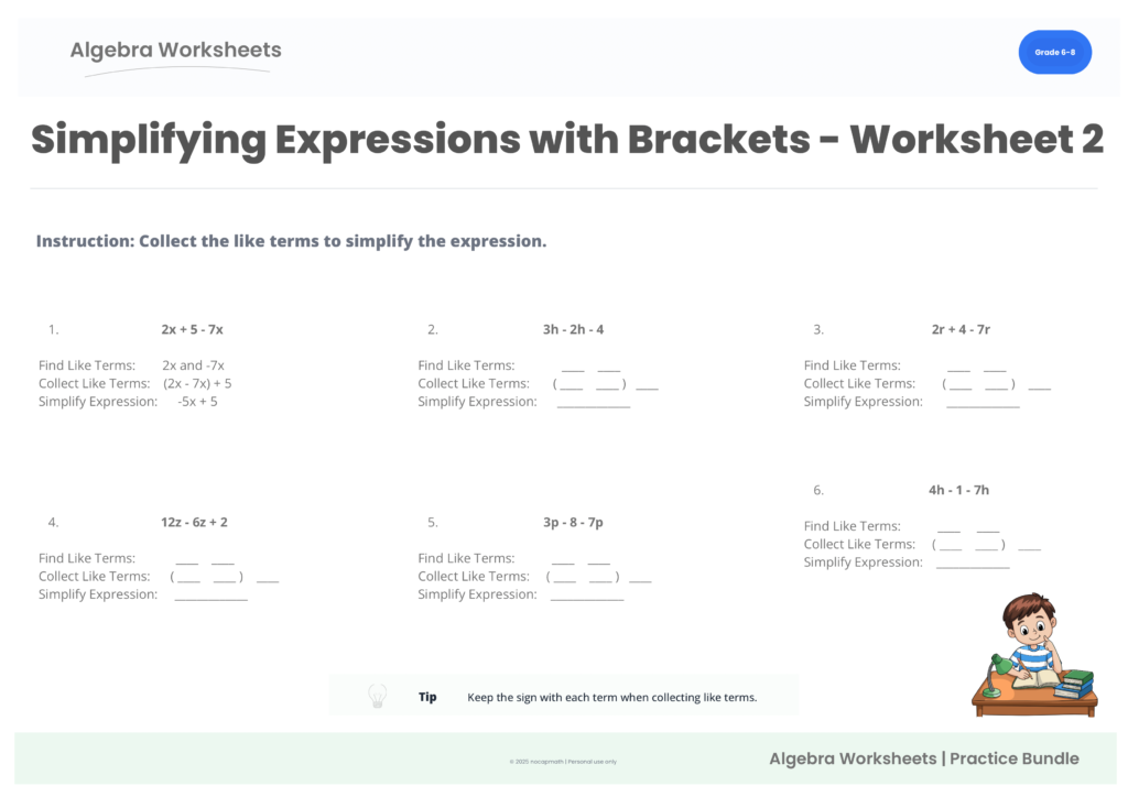 Simplifying Expressions with Brackets Practice Pack worksheet 2 preview for Grade 6–8 algebra
