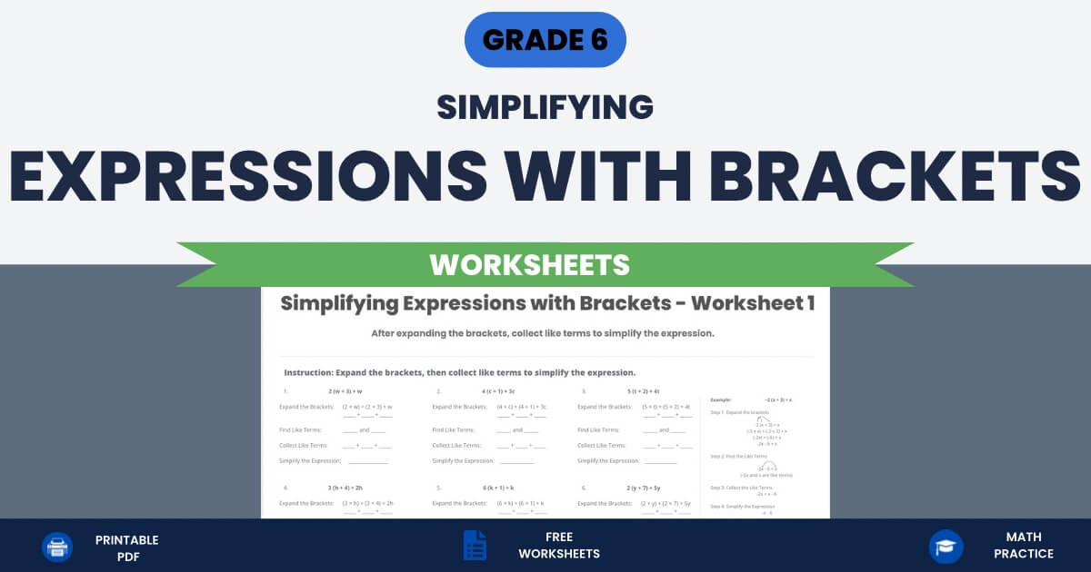 Simplifying Expressions with Brackets Worksheets Grade 6 printable algebra worksheet thumbnail.
