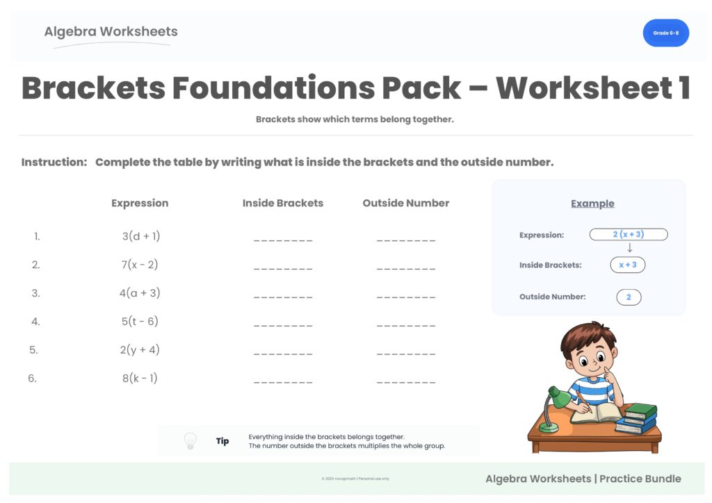Preview of Worksheet 1 from the Brackets Foundations Practice Pack, identifying bracket groups in algebraic expressions.