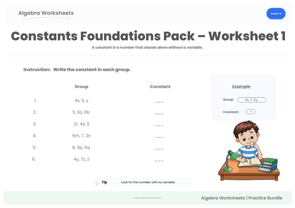 Preview of Worksheet 1 from the Constants Foundations Practice Pack, identifying constants in algebraic expressions.