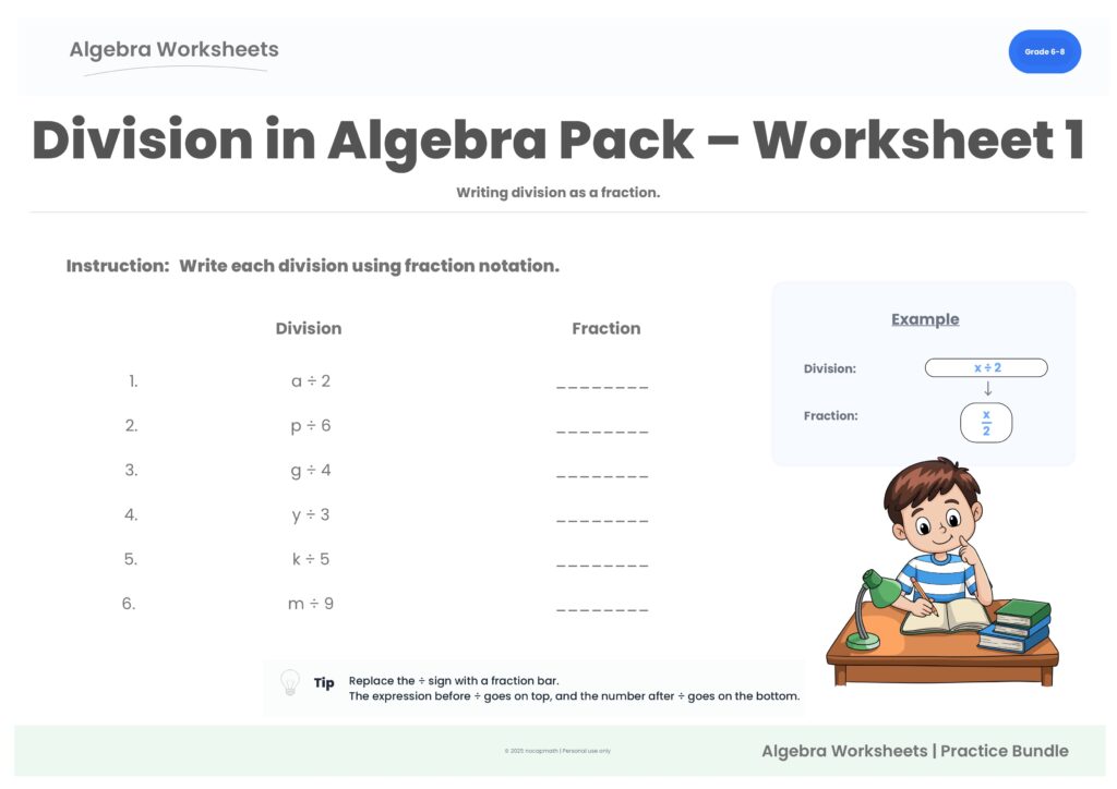 Preview of Worksheet 1 from the Division in Algebra Practice Pack, identifing and writing division notation in algebraic expressions.