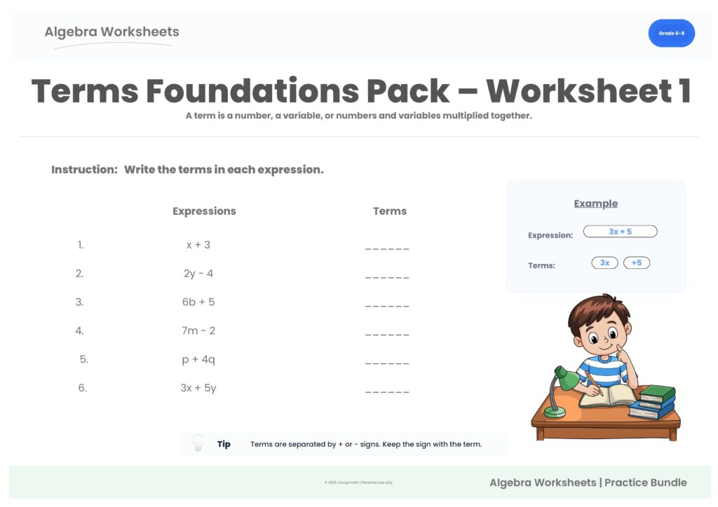Preview of Worksheet 1 from the Terms Foundations Practice Pack, identifying algebraic terms.
