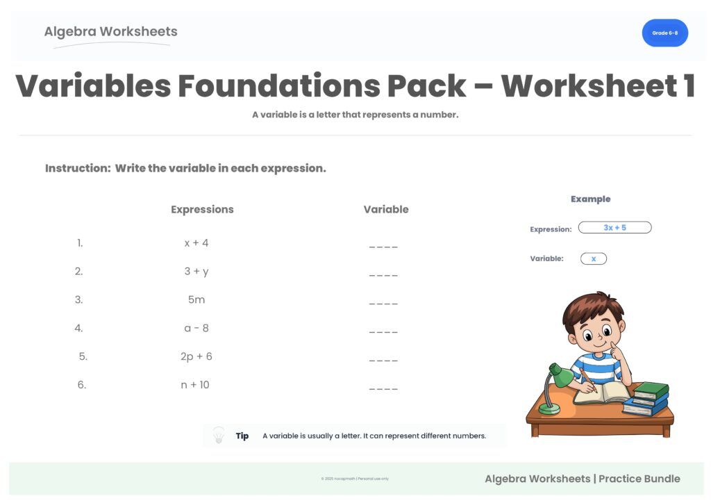 Preview of Worksheet 1 from the Variables Foundations Practice Pack, introducing variables through beginner algebra questions.