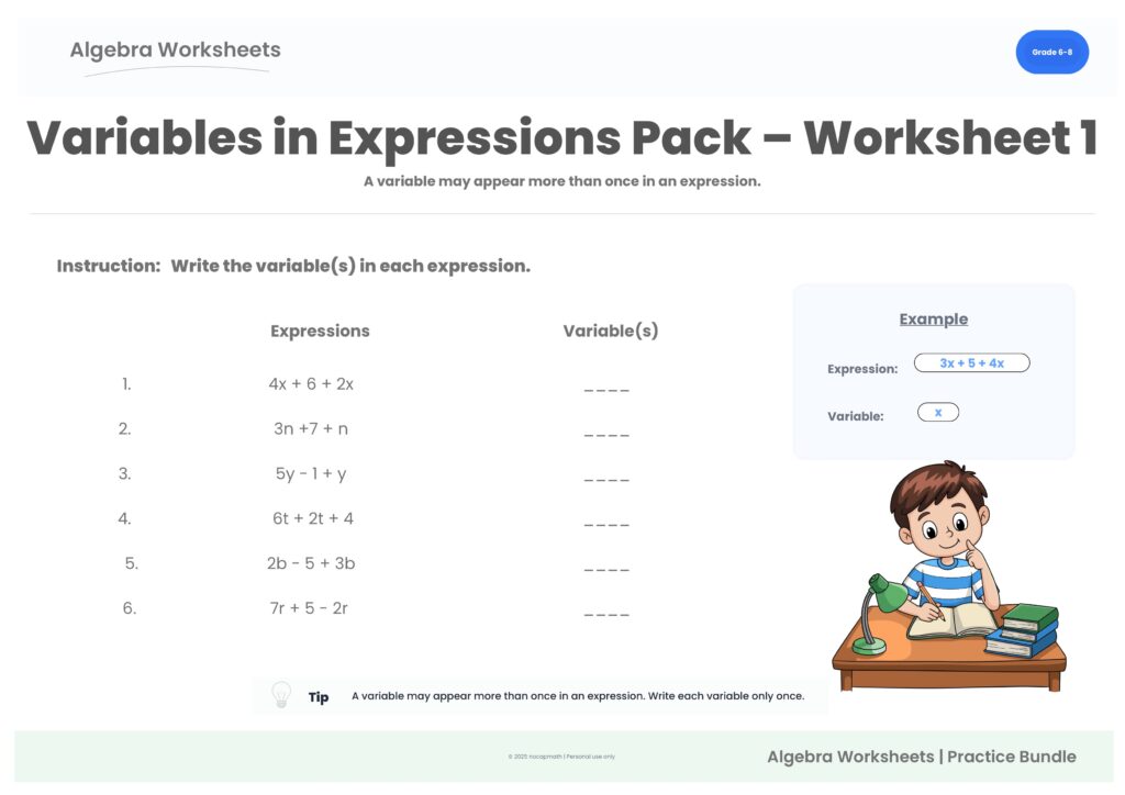 Preview of Worksheet 1 from the Variables in Expressions Practice Pack, identifying variables within algebraic expressions.