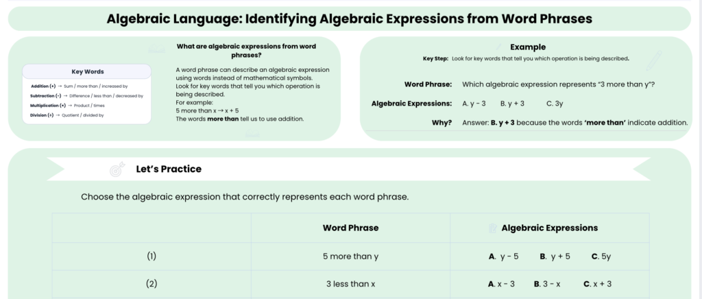Identifying Algebraic Expressions from Word Phrases Worksheet preview showing concept and example