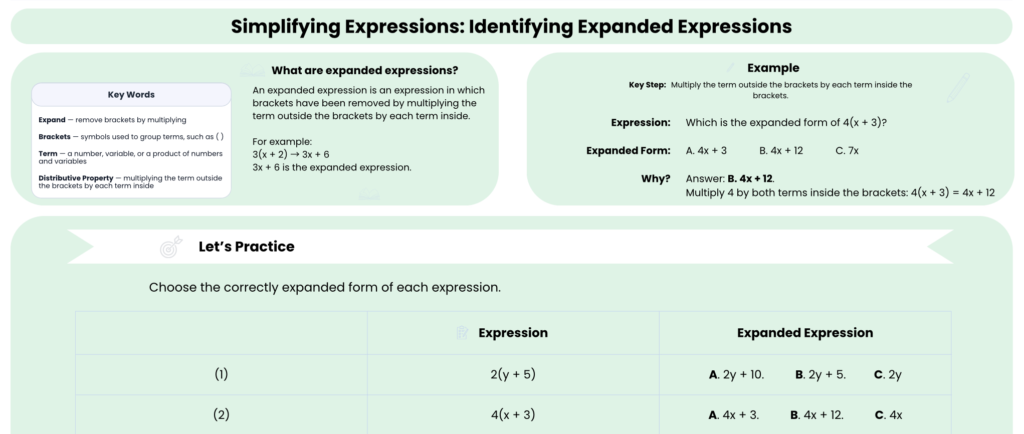 Identifying Expanded Expressions Worksheet preview showing concept and example