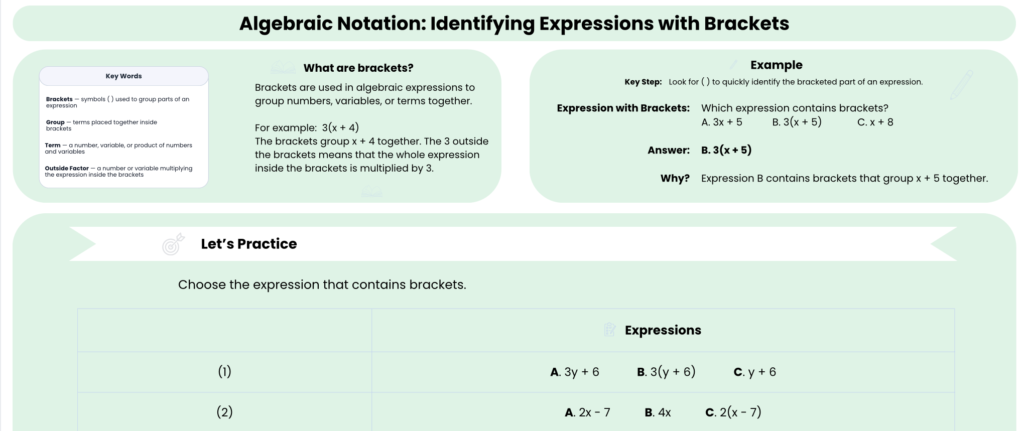Identifying Expressions with Brackets Worksheet preview showing concept and example